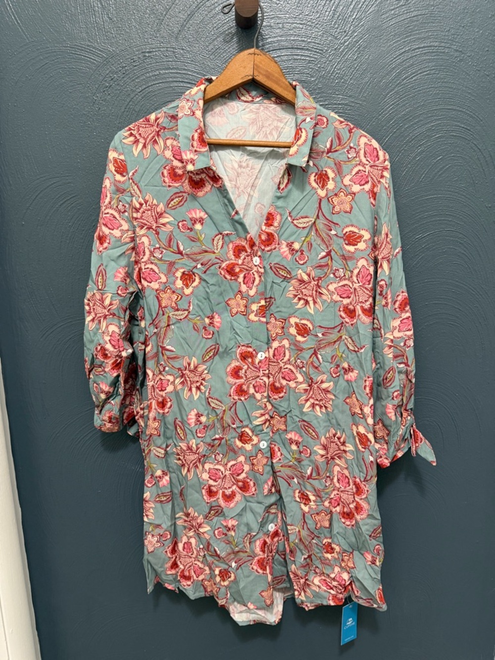 Cupshe Teal and Pink Floral Button-Front Tunic